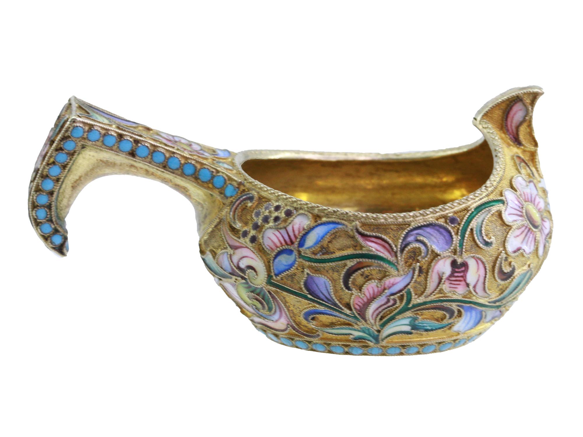 ANTIQUE RUSSIAN GILT SILVER CLOISONNE KOVSH LADLE PIC-1